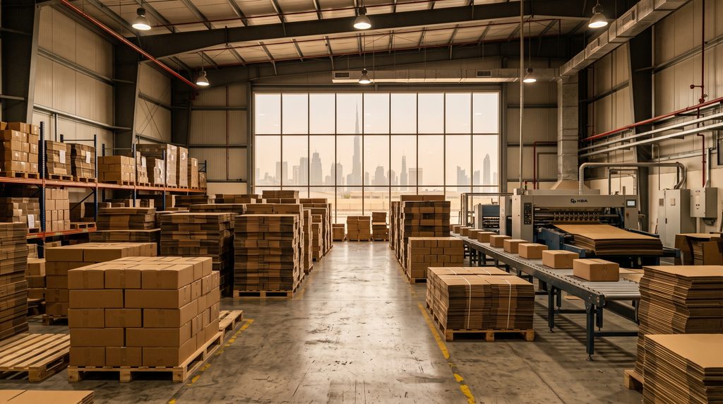 Packaging industry in UAE: stacked carton boxes in a factory